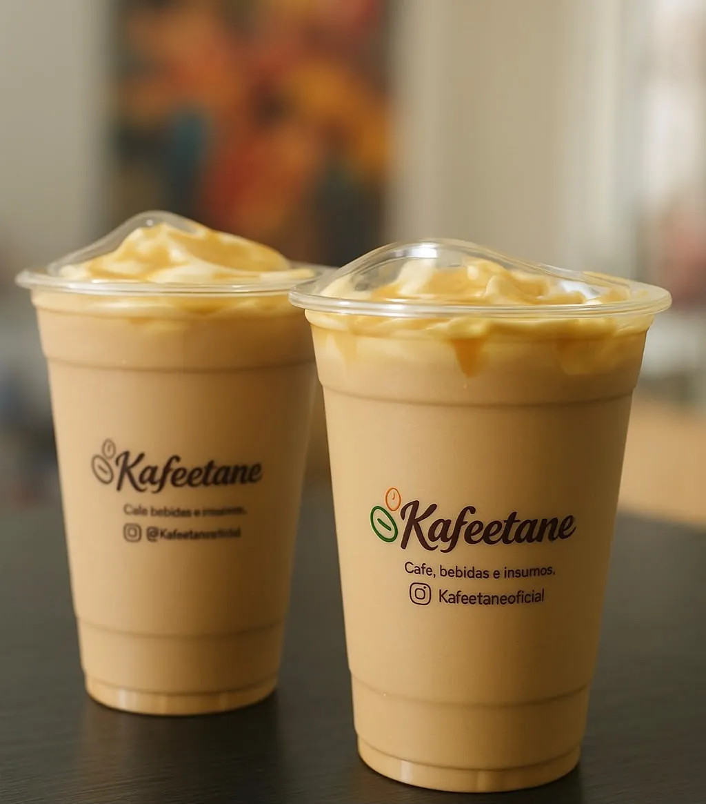 Dos vasos de frappé de caramelo con el logo de Kaféetane