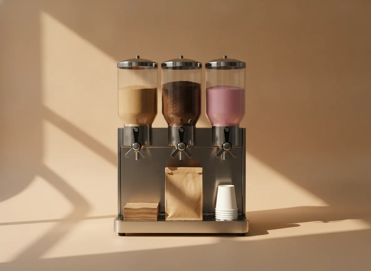 Máquina dispensadora de bebidas en polvo en el mostrador de un negocio, con bolsas kraft a un lado