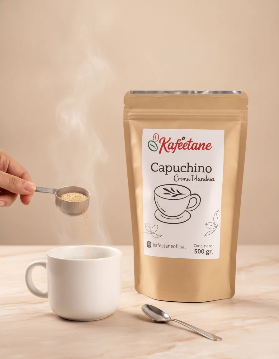 Cuchara vertiendo polvo de capuchino en una taza con agua caliente, junto a la bolsa Kaféetane de capuchino crema irlandesa